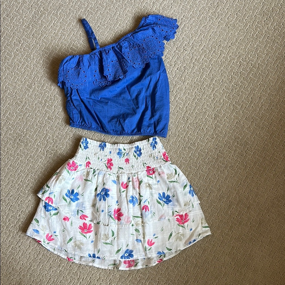 Abercrombie Kids Blue Off-Shoulder Top and Floral Skirt Set